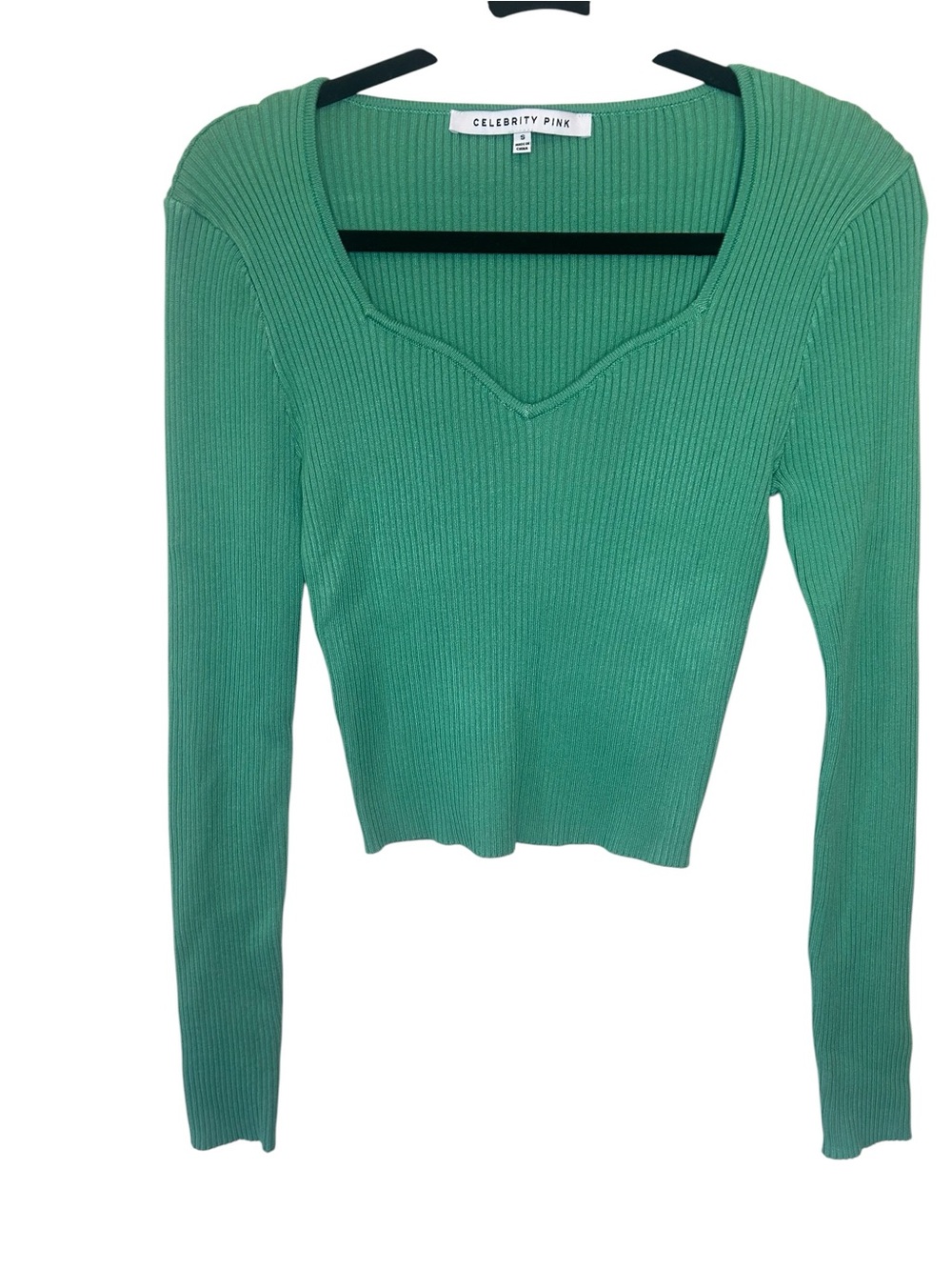 Celebrity Pink- Green Ribbed V-Neck Slim Long Sleeve Top